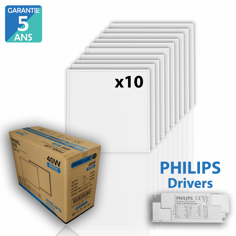 Lot de 10 dalles LED 40 watts 60x60 avec Drivers Philips - Garantie 5 ans