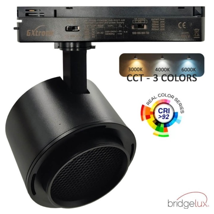 Spot LED Rail Monophasé 28W-40W - Noir - Optique réglable 24° ou 60° - UGR13 - CCT