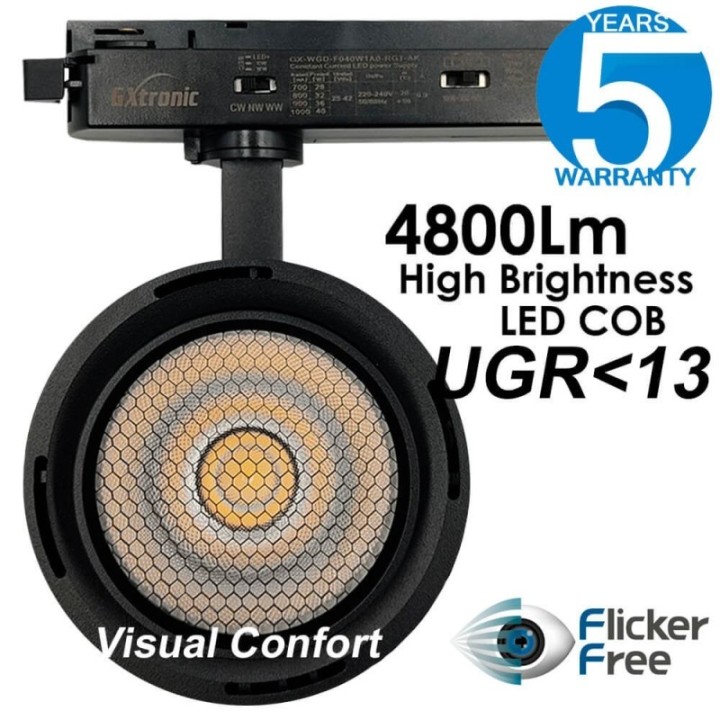 Spot LED Rail Monophasé 28W-40W - Noir - Optique réglable 24° ou 60° - UGR13 - CCT