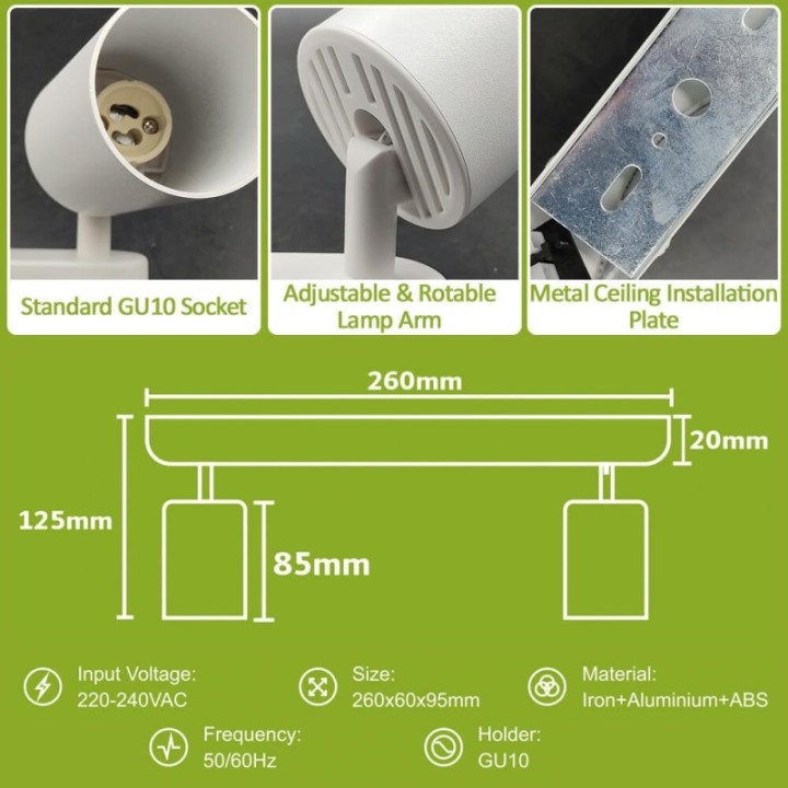 Plafonnier Orientable Blanc – 2 Spots GU10  – Design moderne