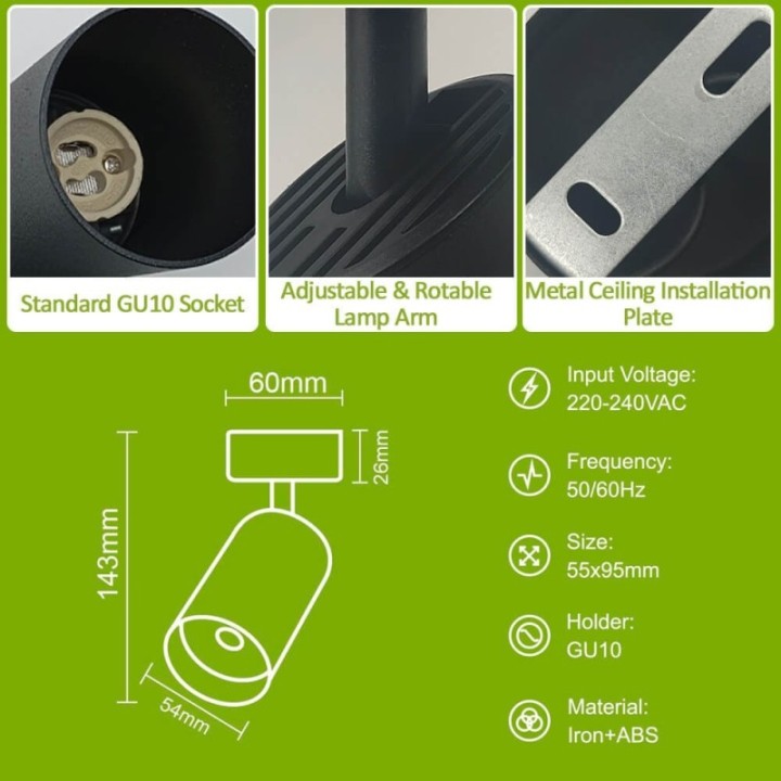 Plafonnier Orientable Noir – 1 Spot GU10 en Aluminium – Luminaire moderne