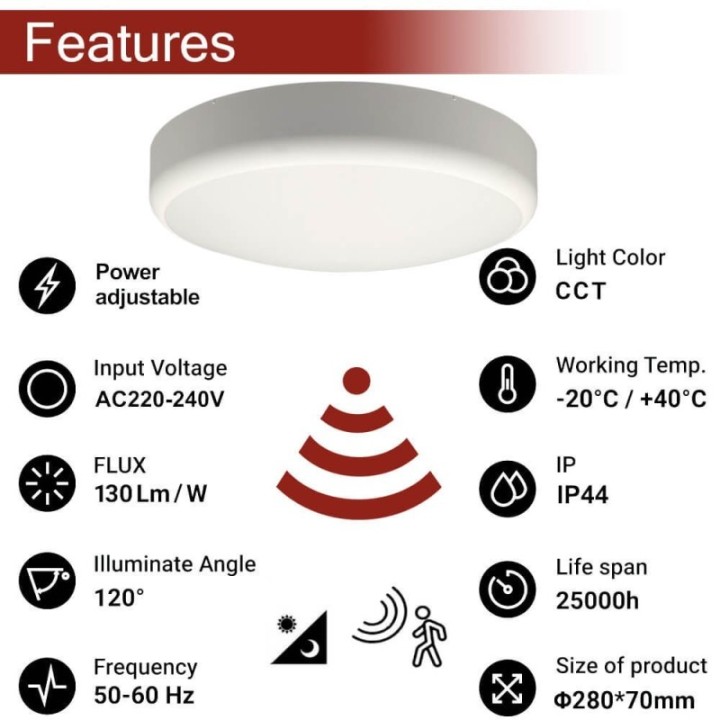 Plafonnier LED 20W Réglable – 5CCT avec Capteur Radar – IP44
