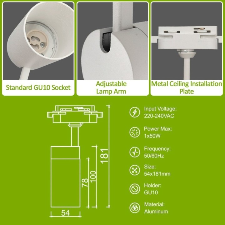 Spot sur Rail Blanc – Monophasé – Orientable GU10 – Aluminium