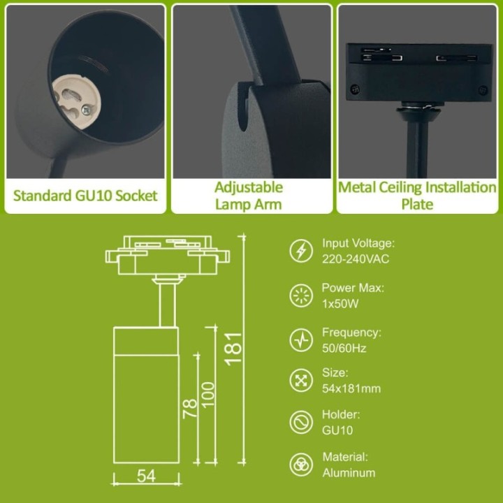 Spot sur Rail Noir – Monophasé – Orientable GU10 – Aluminium