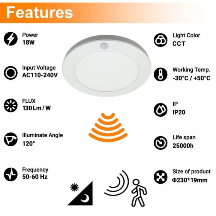 Downlight LED Circulaire 18W avec Capteur PIR – CCT Ajustable – Puce OSRAM