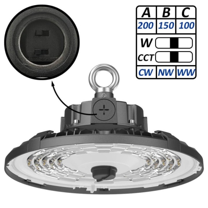 Cloche Industrielle LED réglable 100-150-200W – CCT – Lumileds puissante