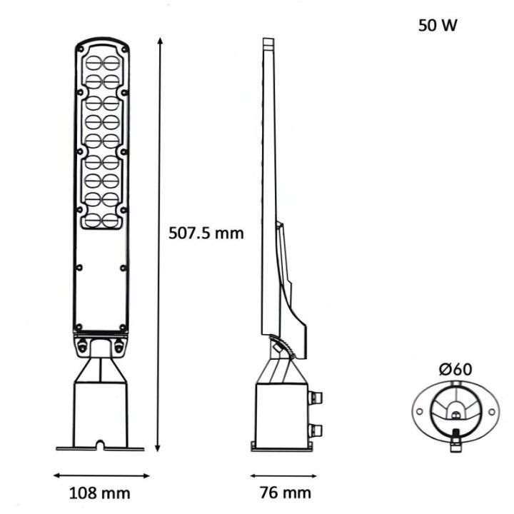 Réverbère LED 50W – Puce OSRAM – IP65 – Bras orientable