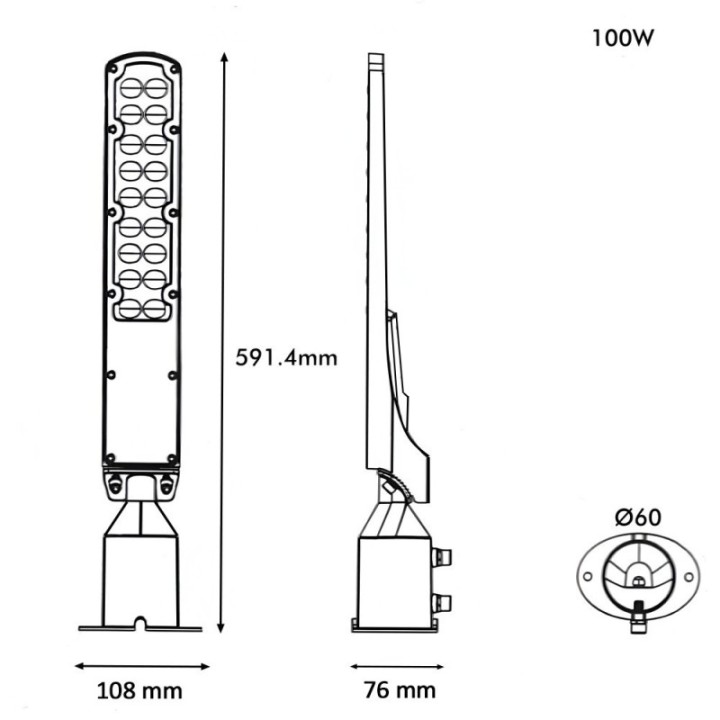 Réverbère LED 100W noir – Puce OSRAM – IP65 – Bras orientable