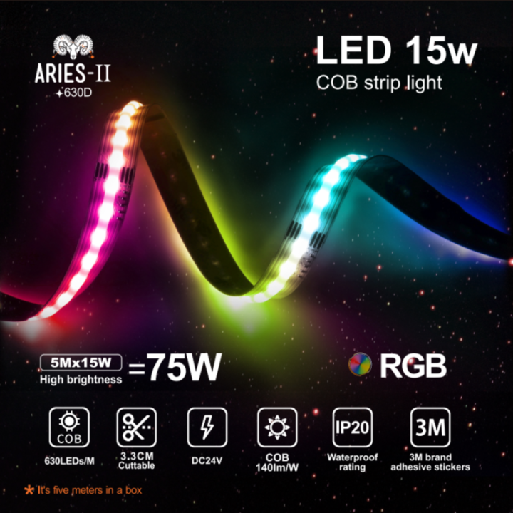 Bande LED RGB COB 24V – 672 LED/m – 15W/m – Éclairage décoratif coloré – IP20