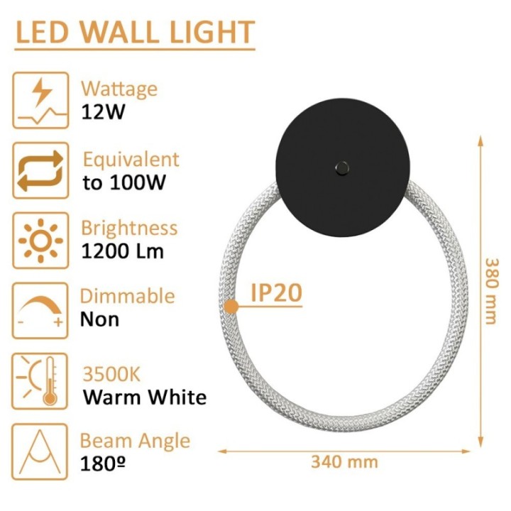 Applique LED murale en corde tressé lumineuse ronde de 12 Watts – 3500K