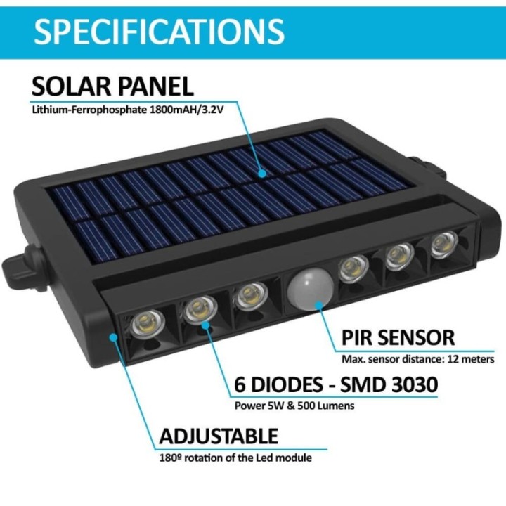Projecteur solaire LED 5W orientable – 4000K – détecteur PIR – 4 modes